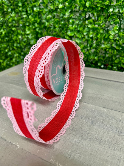 1.5 Inch By 10 Yard Light Pink And Red Lace Edge Royal Burlap Ribbon