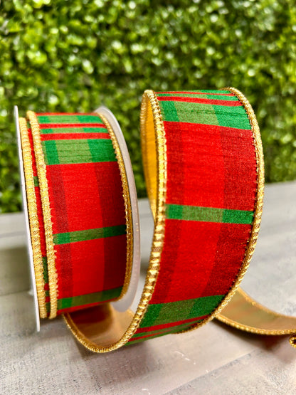1.5 Inch By 10 Yard Modern Red And Green Christmas Plaid With Gold Back Ribbon