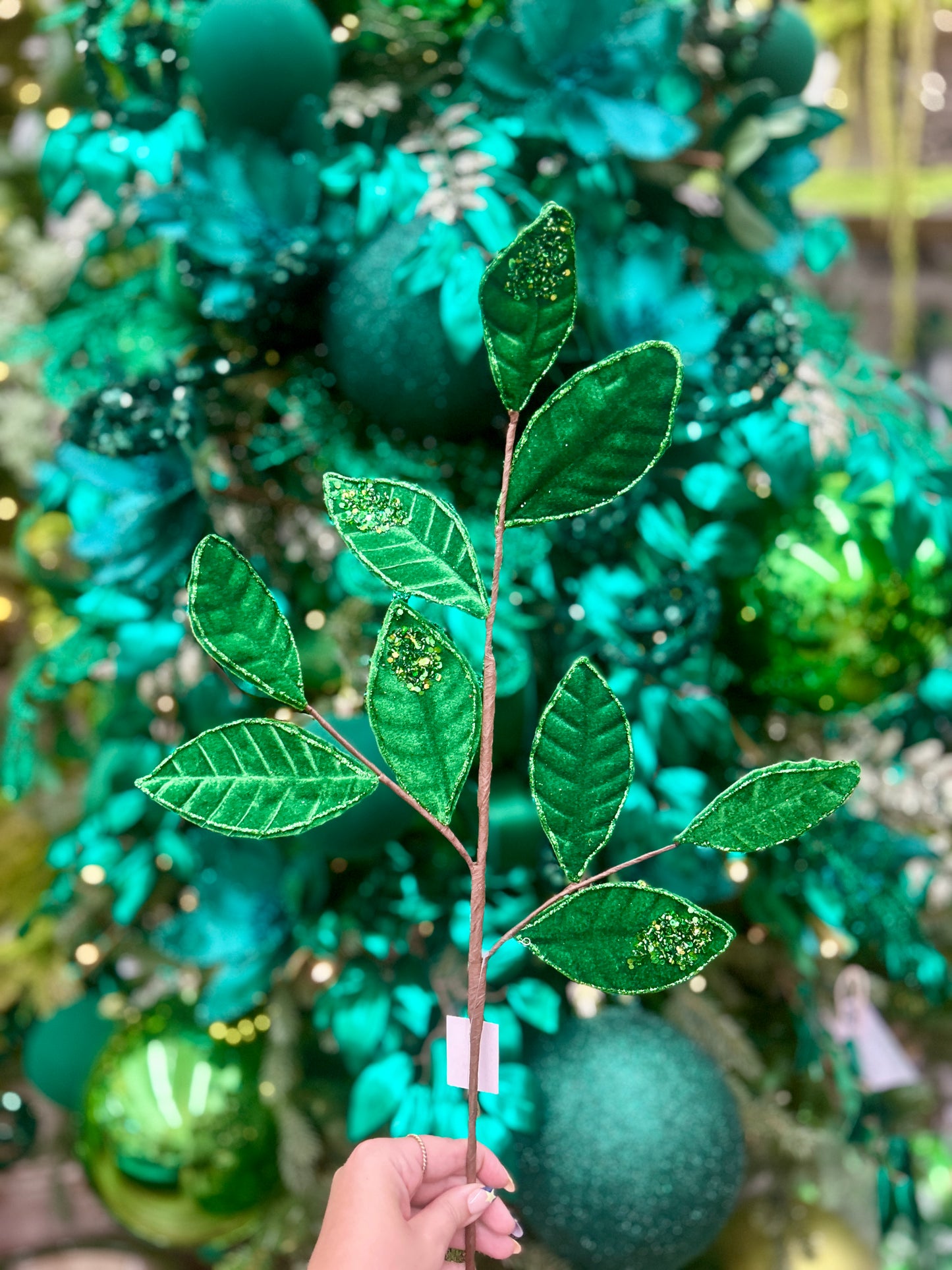 27 Inch Emerald Green Velvet And Glitter Magnolia Leaf Spray