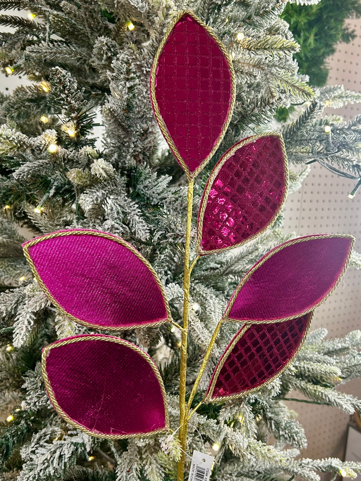 28 Inch Fuchsia And Gold Square Sequin Glitter Leaf Spray