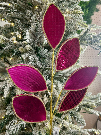 28 Inch Fuchsia And Gold Square Sequin Glitter Leaf Spray