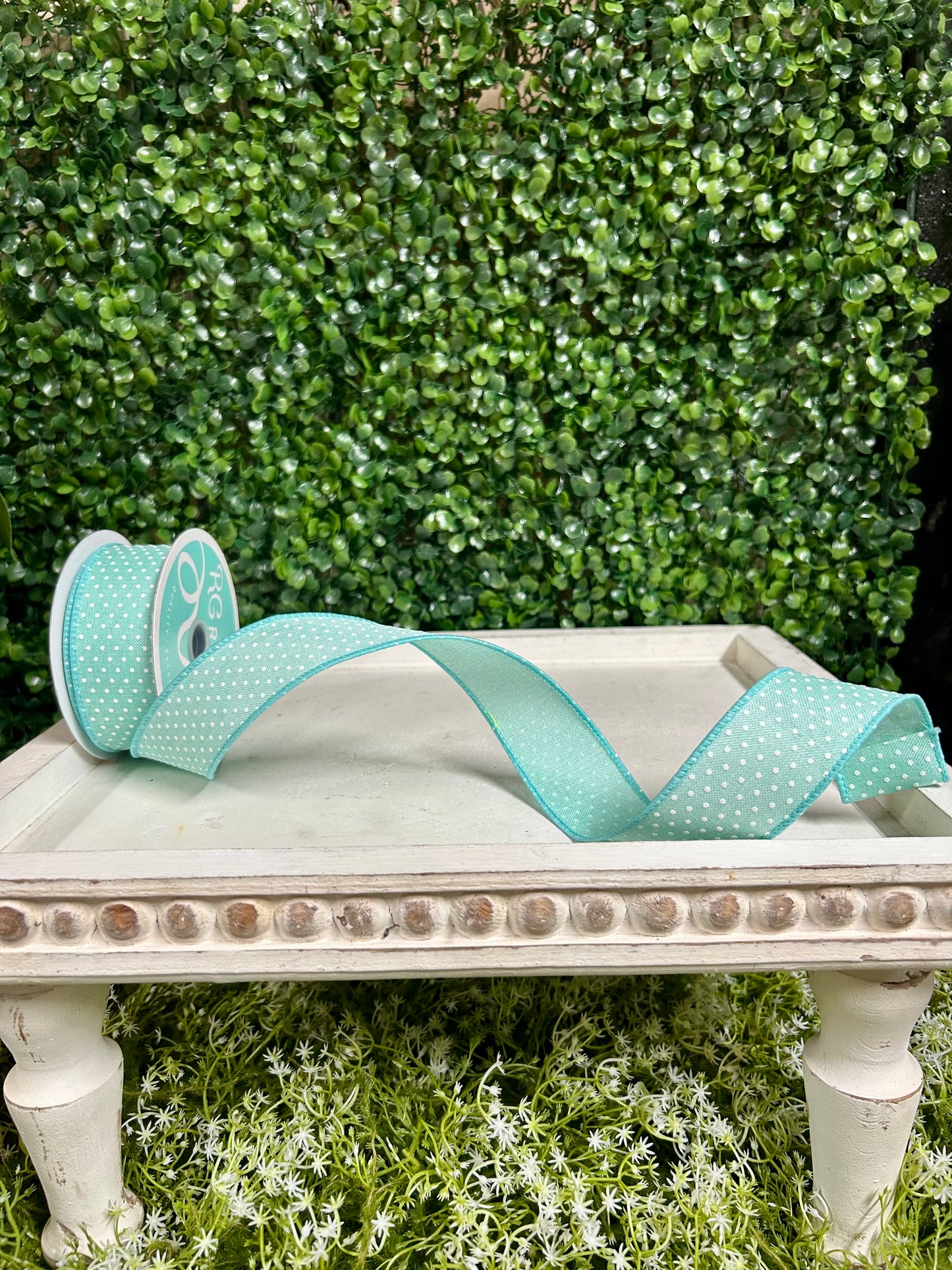 1.5 Inch By 10 Yard Mint Green And White Raised Swiss Dots On Royal Ribbon