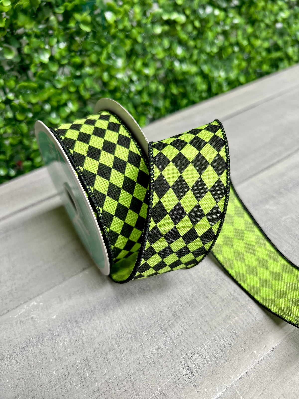 1.5 Inch By 10 Yard Lime Green And Black Small Harlequin On Royal Ribbon