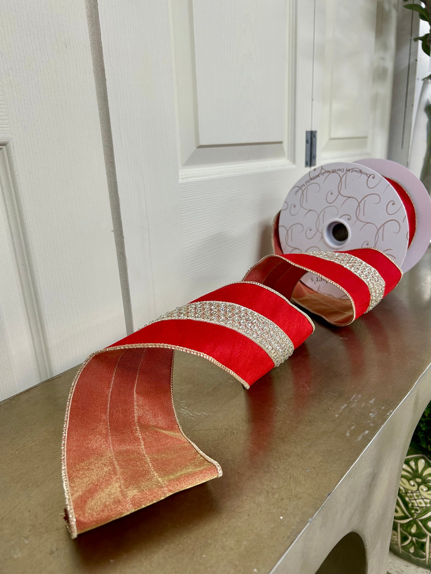 4 Inch By 10 Yard Red Faux Dupioni With Rhinestone Center Stripe Ribbon