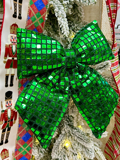 9.25 Inch Plush Dark Green Bow Ornament