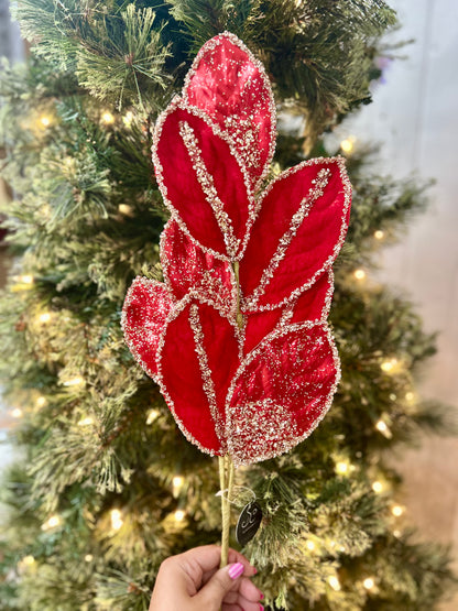 27.5 Red And Champagne Metallic Velvet Magnolia Leaf Spray