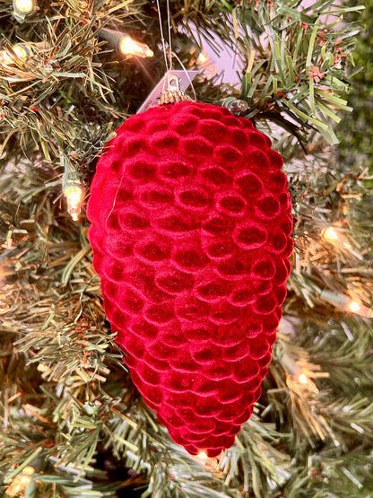 7 Inch Burgundy Velvet Flocked Pinecone Ornament
