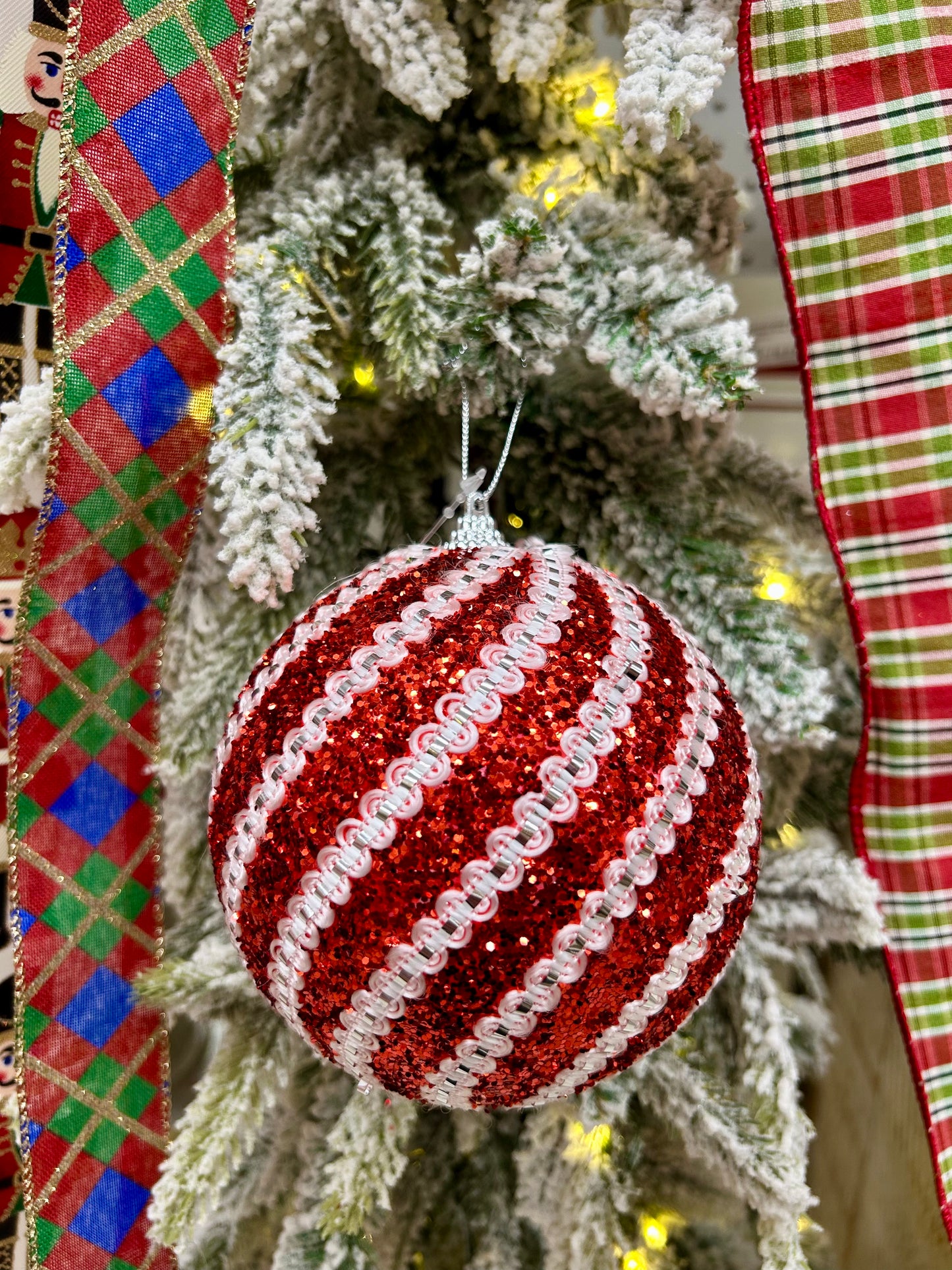 5 Inch Red And White Sequin Ball Ornament