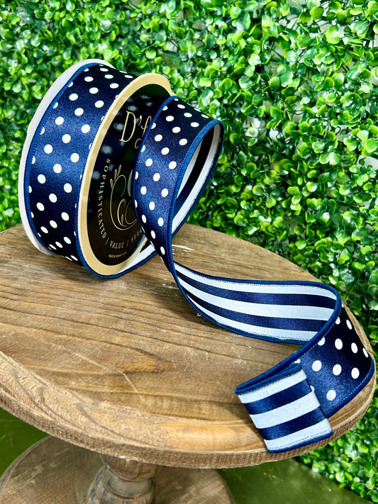 1.5 Inch By 10 Yards Navy Blue And White Polka Dot With Stripe Backing Fused Ribbon