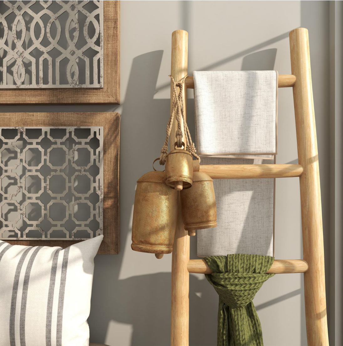 Gold Metal Tibetan Inspired Indoor Outdoor Decorative Cow Bells With Jute Hanging Rope Set of Three