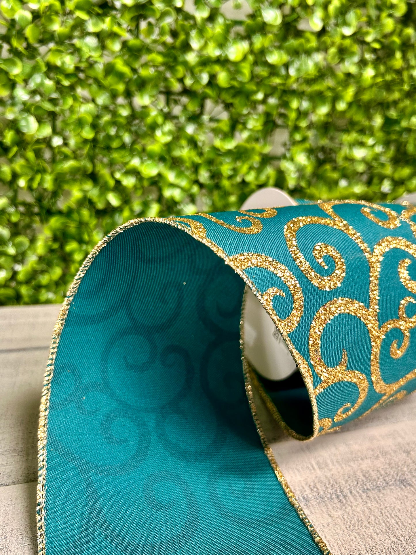 4 Inch By 10 Yard Dark Teal And Gold Glitter Swirl Ribbon