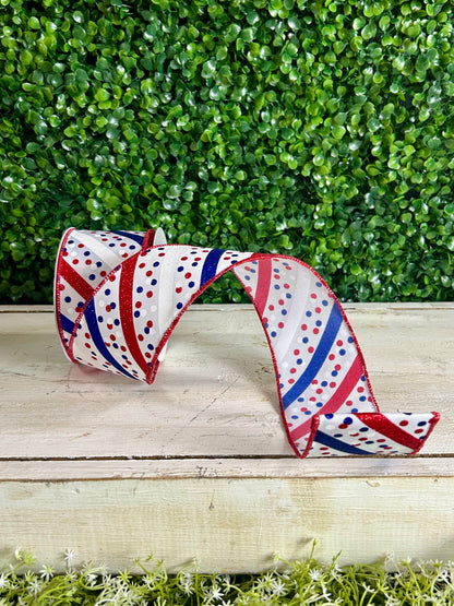 2.5 Inch By 10 Yard Red White And Royal Blue Glitter Stripe With Confetti Dots Ribbon