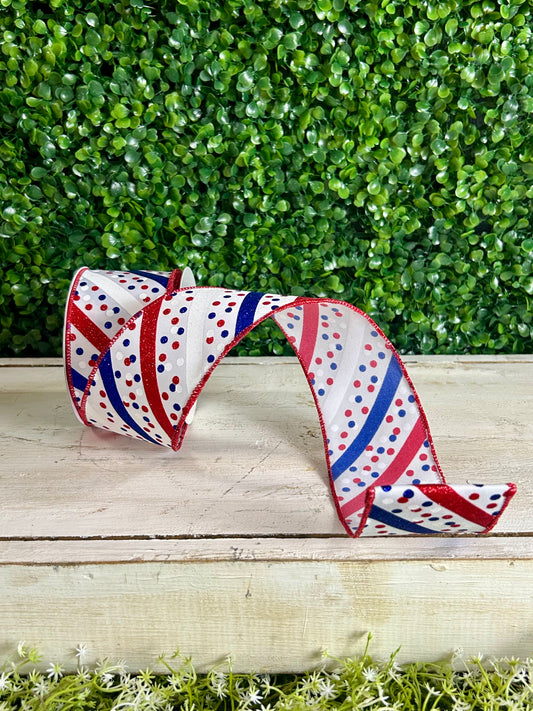 2.5 Inch By 10 Yard Red White And Royal Blue Glitter Stripe With Confetti Dots Ribbon