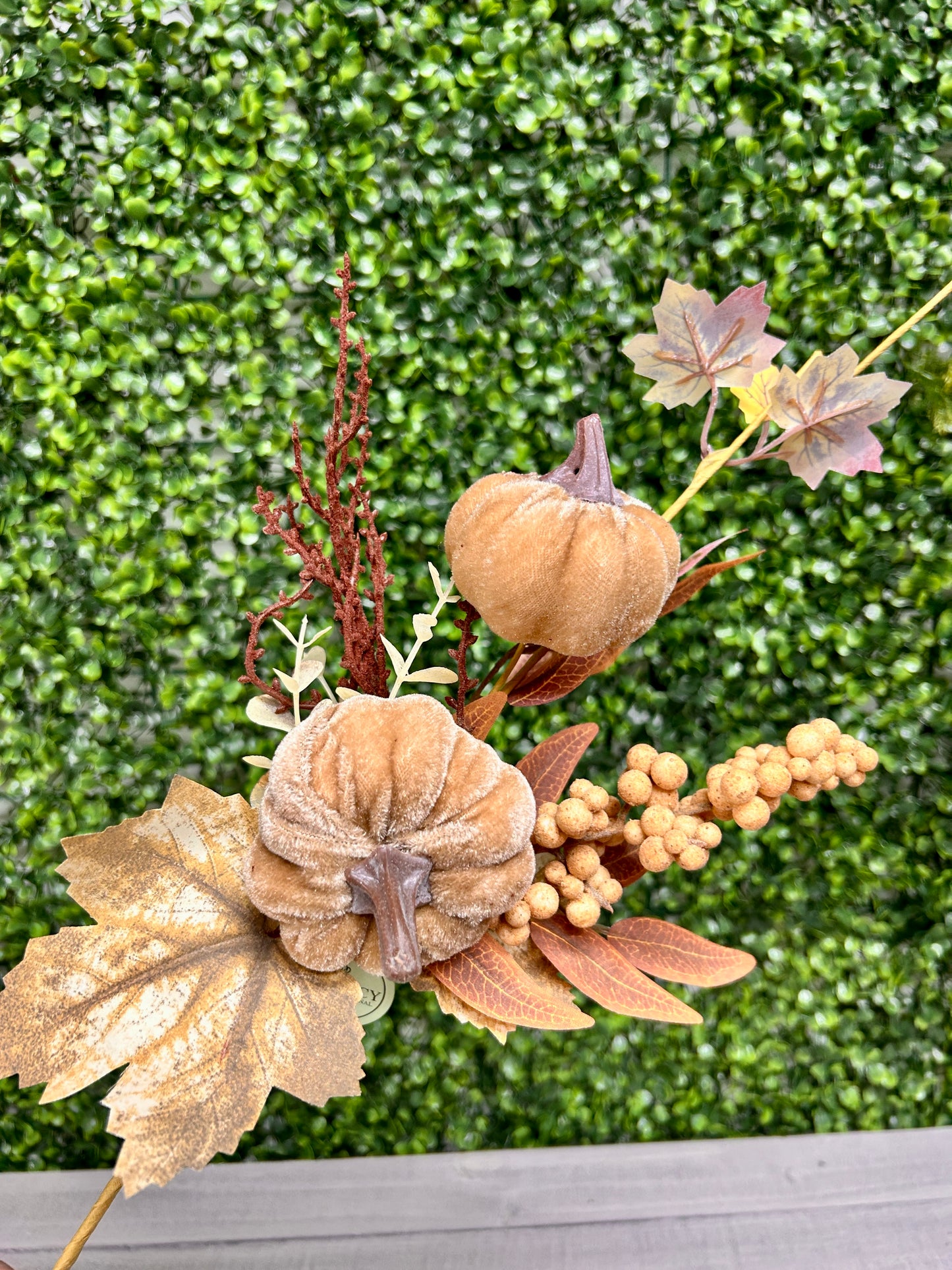 16 Inch Tan Velvet Pumpkin With Flocked Berry Fall Pick