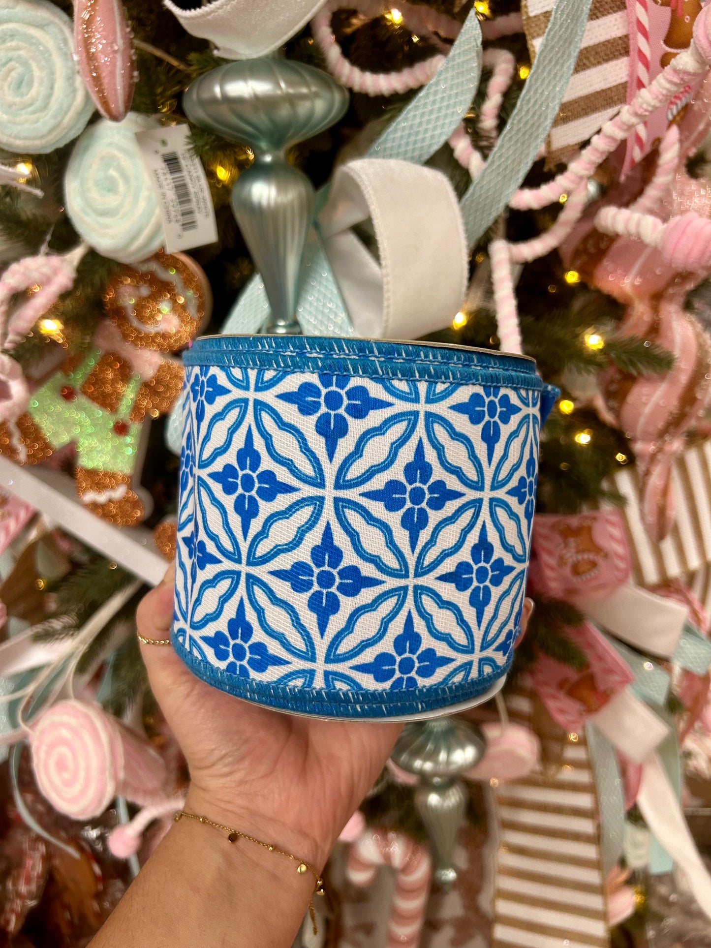 4 Inch By 10 Yard Blue And White Double Sided Geometric Dupioni Ribbon