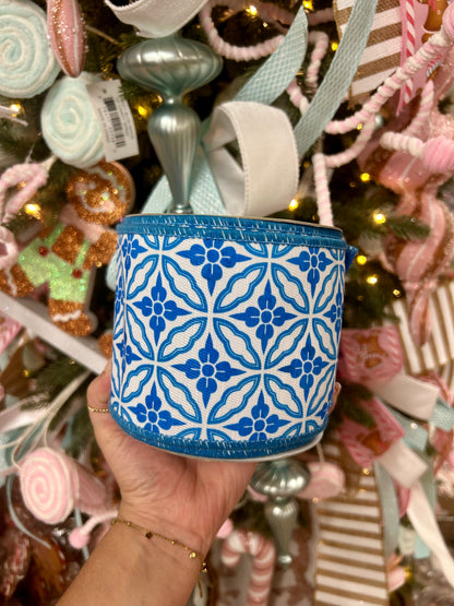 4 Inch By 10 Yard Blue And White Double Sided Geometric Dupioni Ribbon