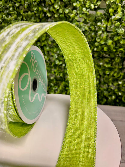 1.5 Inch By 10 Yard Lime And Silver Glitter Metallic Streaks Ribbon