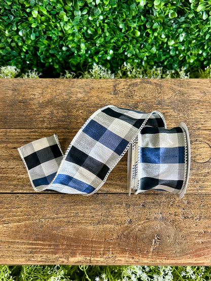 2.5 Inch By 10 Yard Black Navy And White Check Dupioni Paterson Ribbon