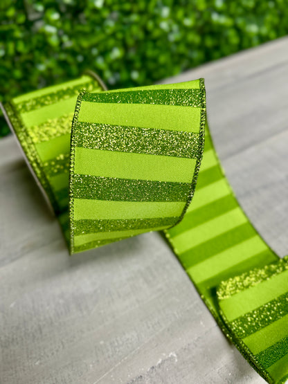 2.5 Inch By 10 Yard Lime Green Glitter Horizontal Stripe Ribbon