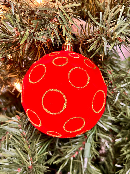 4 Inch Red And Gold Flocked Glitter Concave Ball Ornament