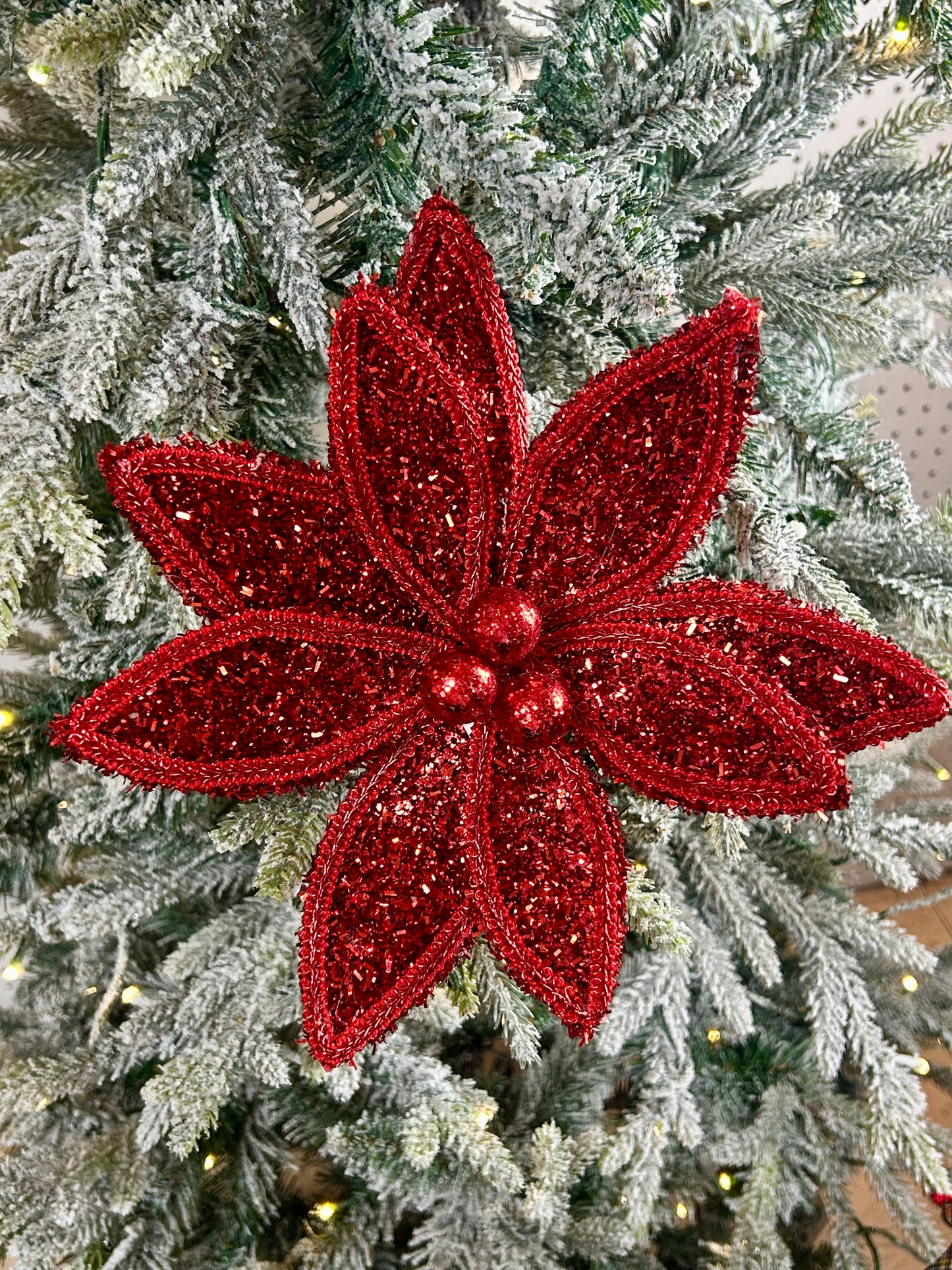 14 Inch Red Glitter And Lace Edge Poinsettia Pick
