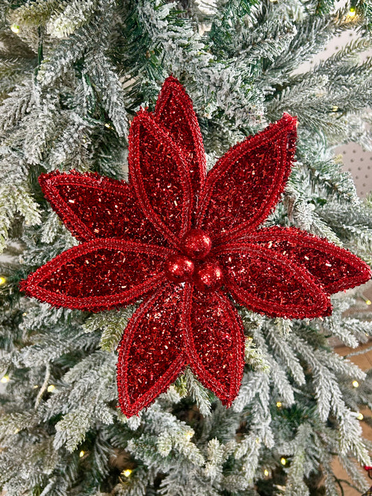 14 Inch Red Glitter And Lace Edge Poinsettia Pick