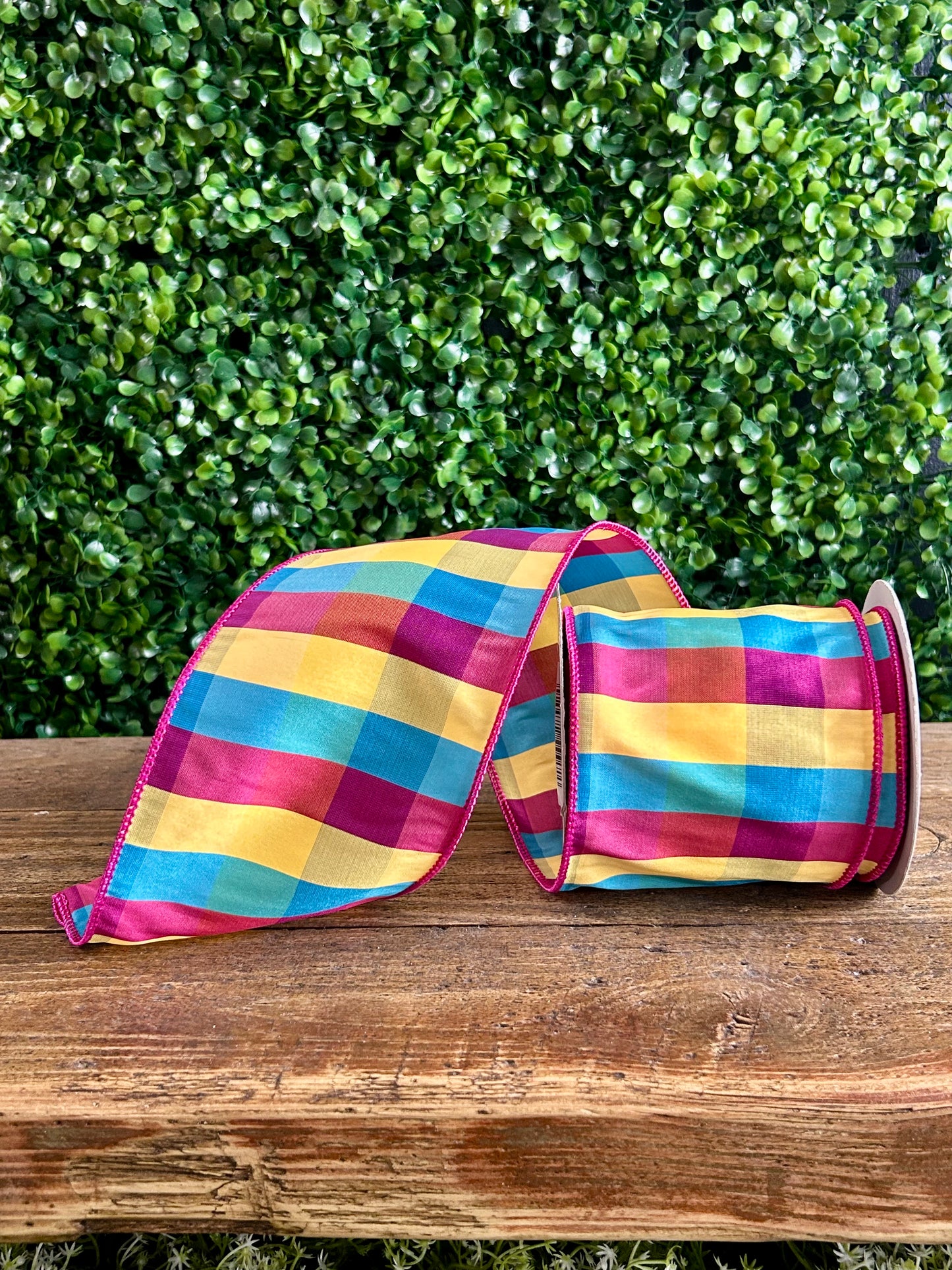 4 Inch By 10 Yard Pink Yellow And Blue Check Ribbon