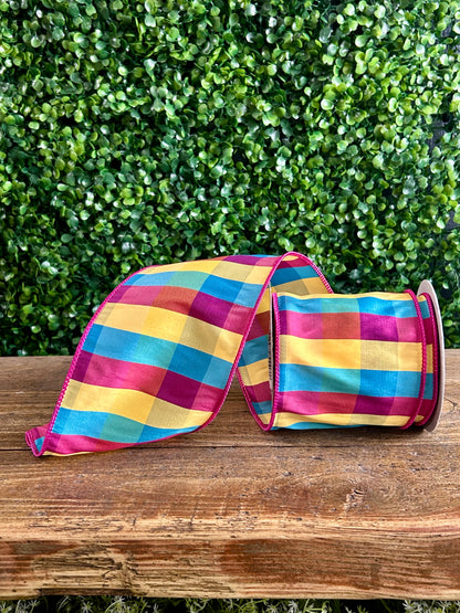 4 Inch By 10 Yard Pink Yellow And Blue Check Ribbon