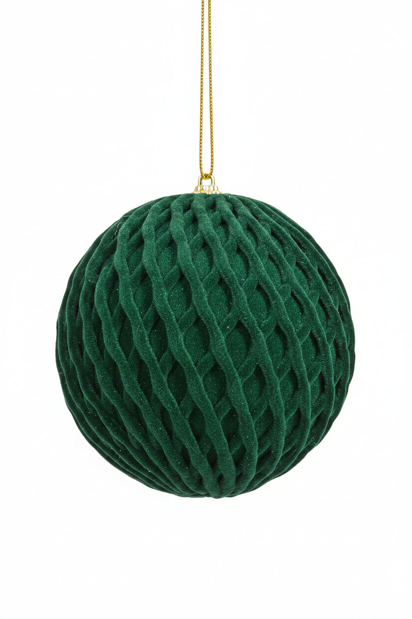 5 Inch Dark Green Flocked Ball Ornament