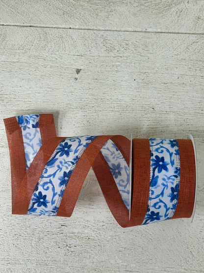 2.5 Inch By 10 Yard Rust Burlap Background With Blue Watercolor Flowers Middle Ribbon
