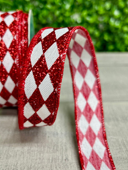 7/8 Inch By 10 Yard Red And White Glitter Harlequin Ribbon