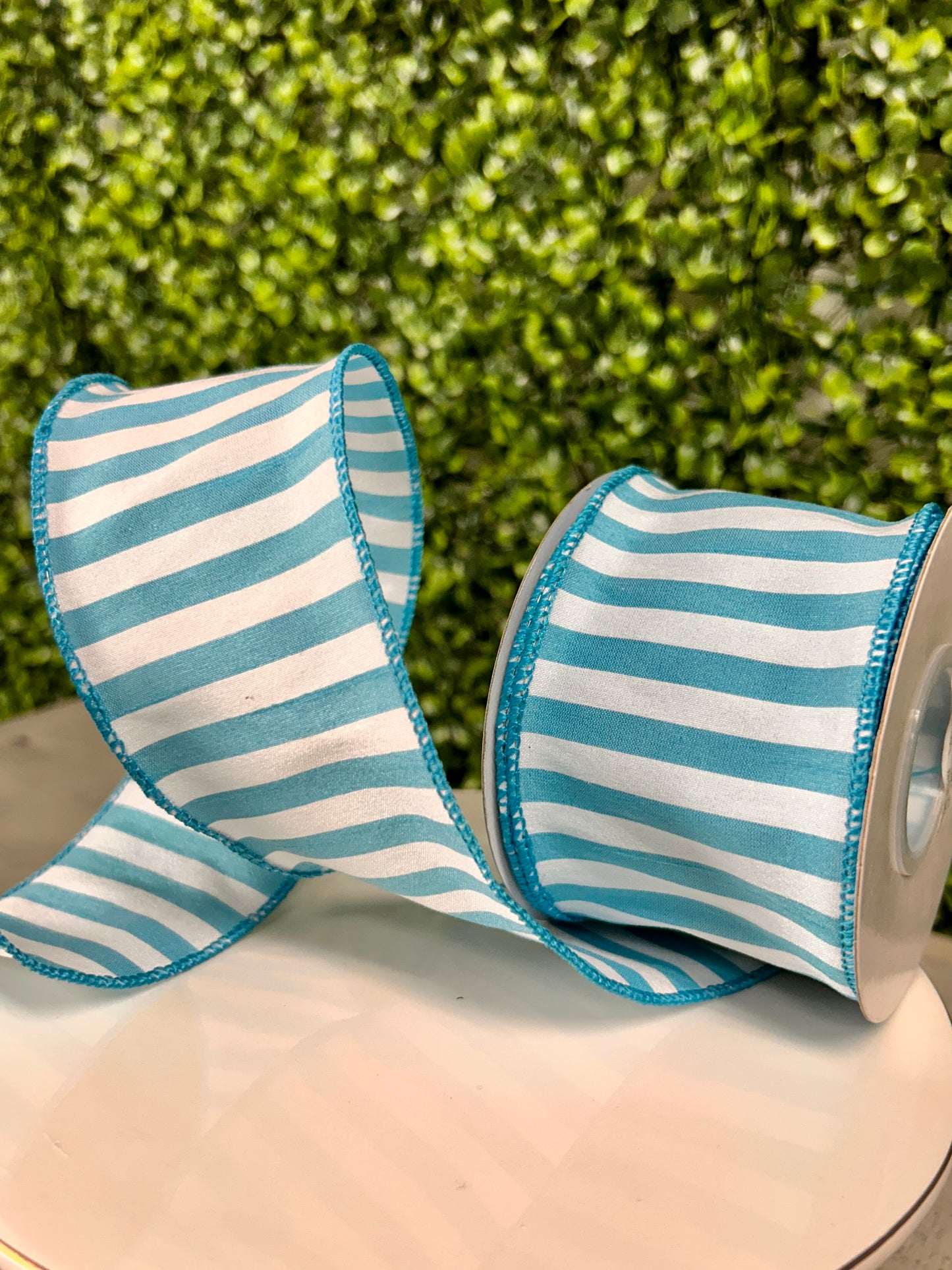 2.5 Inch By 10 Yard Turquoise And White Cabana Stripe Dupioni Ribbon