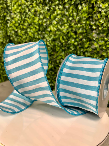 2.5 Inch By 10 Yard Turquoise And White Cabana Stripe Dupioni Ribbon