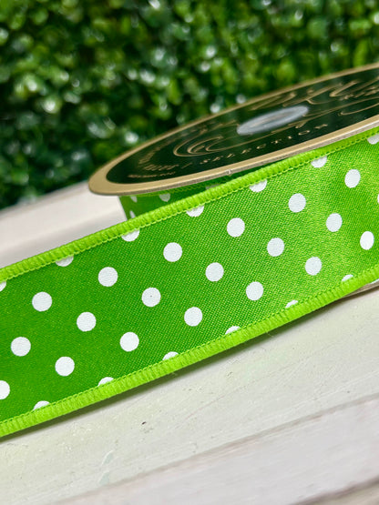 1.5 Inch By 10 Yard Fresh Green And White Polka Dot With Stripe Backing Ribbon