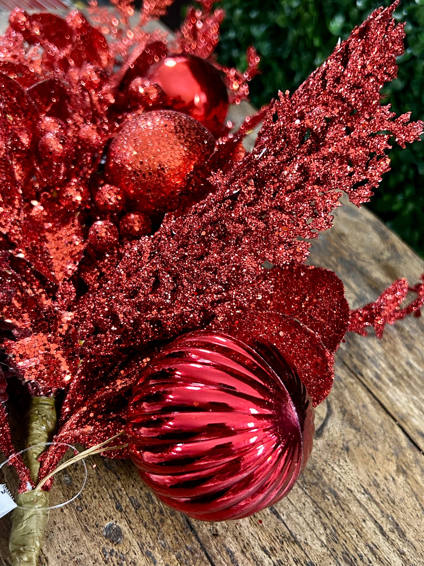 32 Inch Red Glitter Leaf Berry And Cone Spray