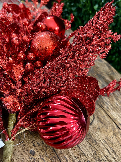 32 Inch Red Glitter Leaf Berry And Cone Spray