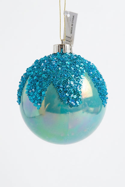 5 Inch Blue Iridescent Ornament Ball With Glitter