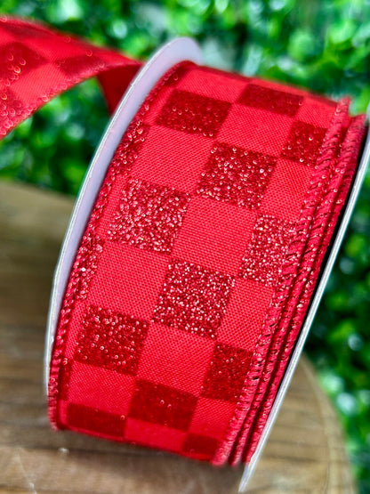 1.5 Inch By 10 Yard Red Glitter Check Ribbon