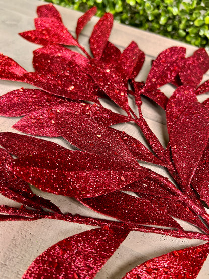 23 Inch Burgundy Glitter Bay Leaf Spray