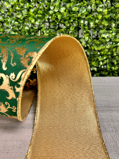 4 Inch By 10 Yard Hunter Green And Gold Metallic Foil Swirl Leaf Fused Ribbon