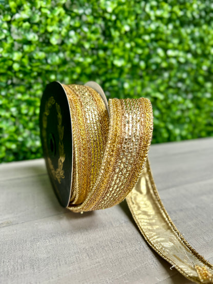 John Mark 1 Inch By 10 Yard Gold Jeweled Metallic Dupioni Ribbon