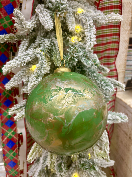 6 Inch Sage Green Gold And White Marble Glass Ball Ornament