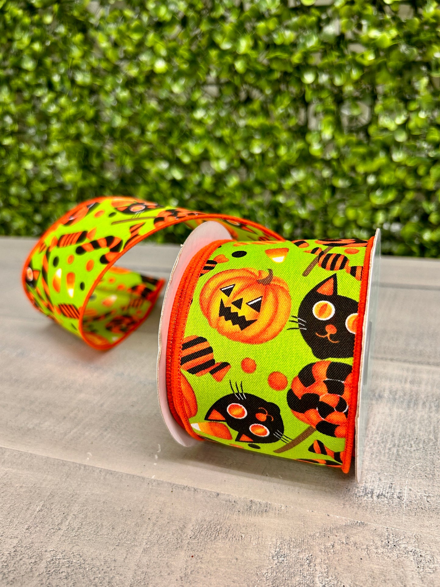 2.5 Inch By 10 Yard Halloween Pumpkin Cats And Candy On Lime Ribbon