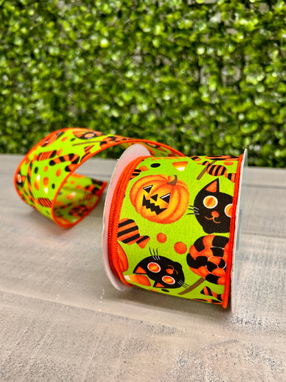 2.5 Inch By 10 Yard Halloween Pumpkin Cats And Candy On Lime Ribbon