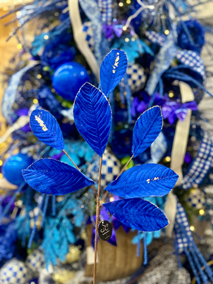26 Inch Royal Blue Velvet Sequin Magnolia Leaf Spray