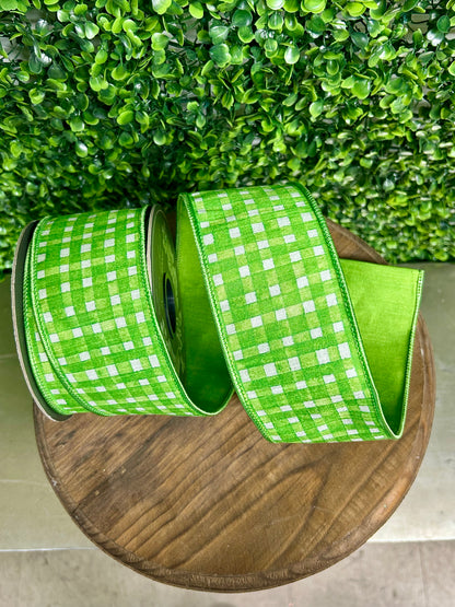 2.5 Inch Green Watercolor Check Deluxe Dupioni Backed Wired Edge Ribbon