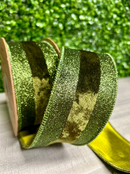 2.5 Inch By 10 Yard Dark Green With Glitter Velvet Stripe Ribbon