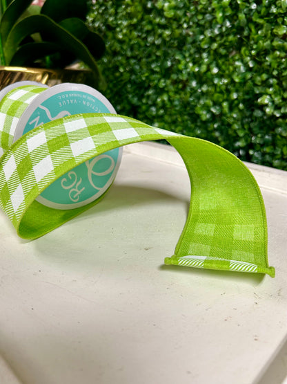2.5 Inch By 10 Yard Lime Green And White Check On Royal Ribbon