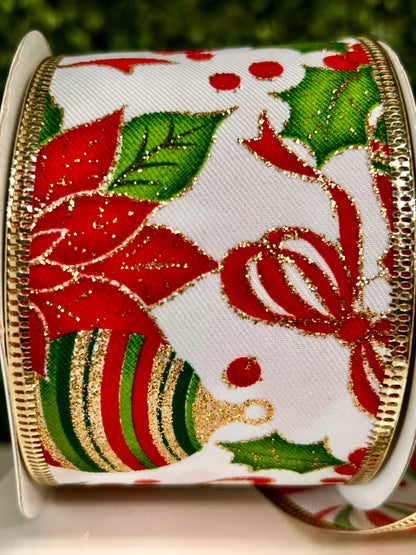 2.5 Inch By 10 Yard Poinsettia And Ornaments Ribbon