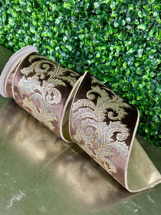 4 Inch By 5 Yard Brown And Champagne Shimmer Velvet Filagree Scroll Leaf Wired Ribbon